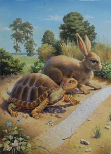 Illustrations of tortoise and hare racing
